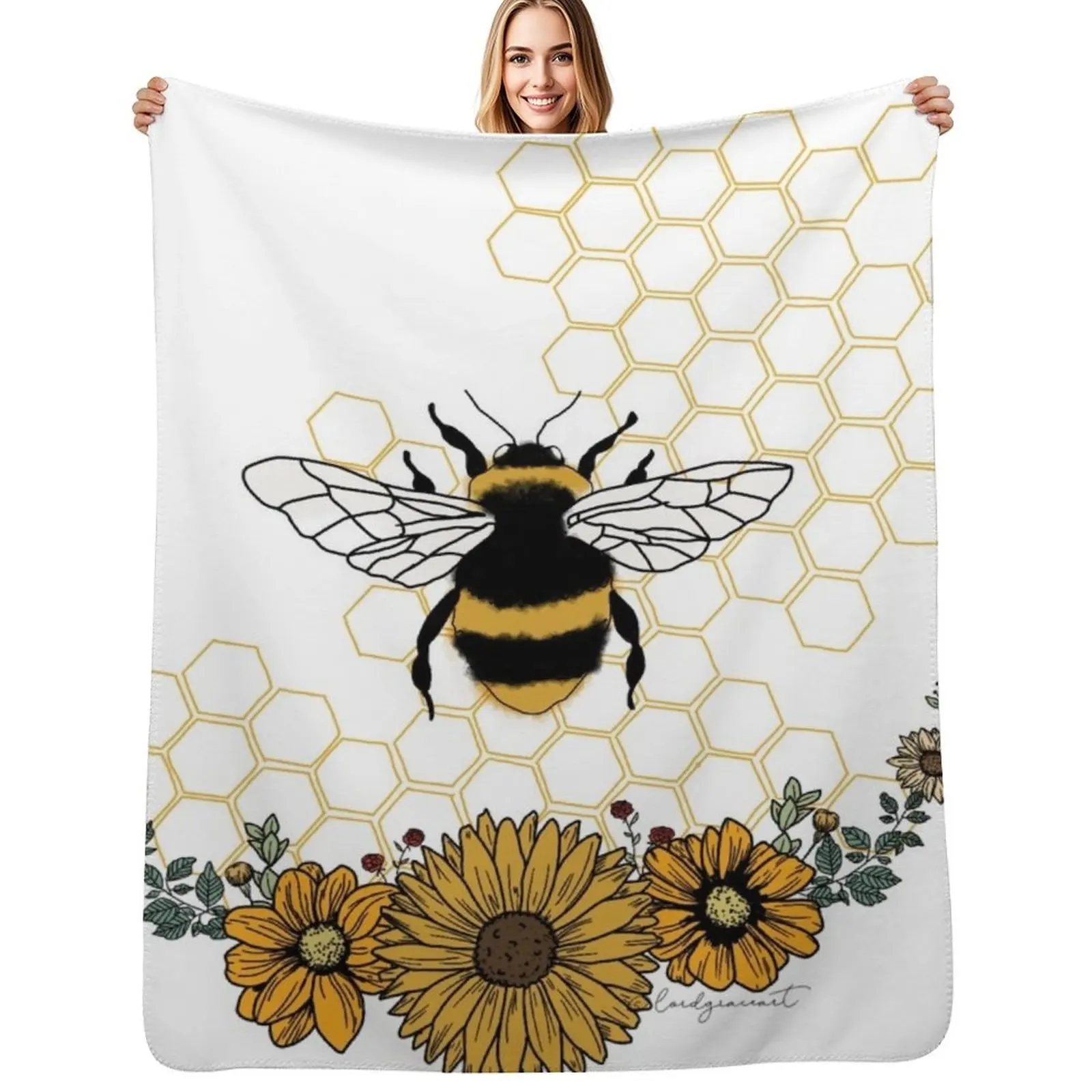 

Sunflower Bee- Honey Comb Yellow Throw Blanket Faux Fur Soft Warm Blanket for Bed