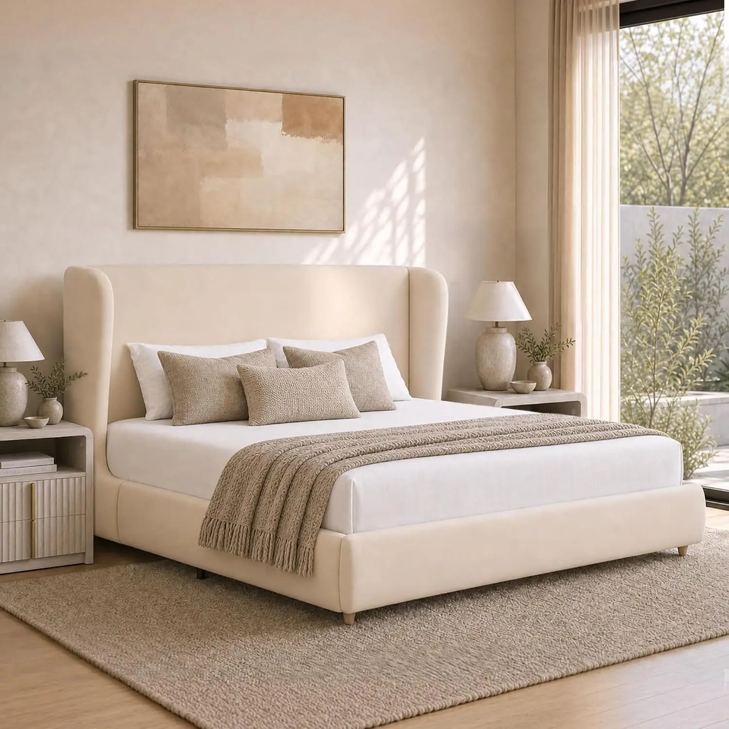 Upholstered Platform Bed Frame Wingback Headboard King Size Beige, Customized