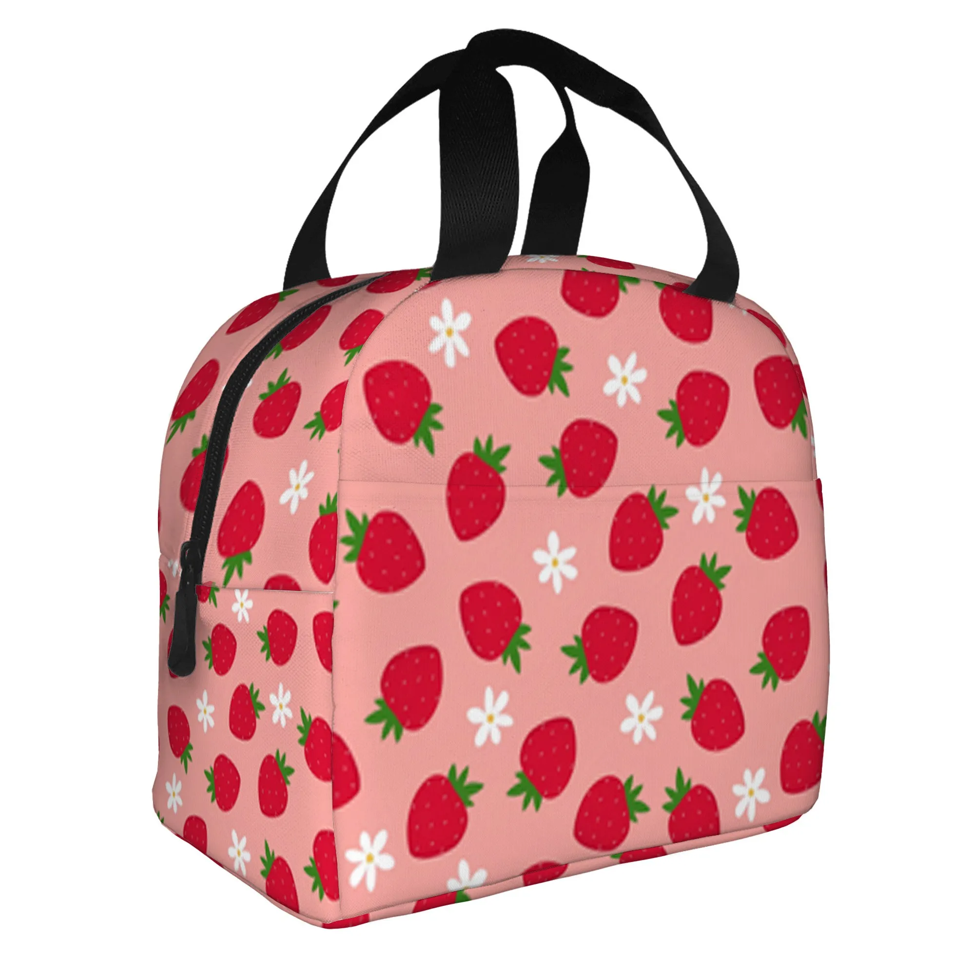 Strawberry Floral Insulated Lunch Bag Reusable Thermal Cooler Tote Portable Food Organizer for Office School Picnic Travel