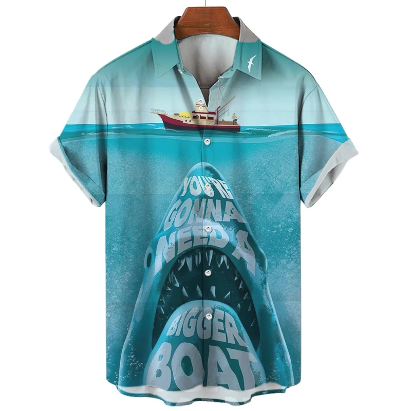 Animal Men's Shirt Shark Graphic Short Sleeve Summer Loose Lapel Button Shirts Printed T-Shirt Beach Party Hawaiian Shirt Men To