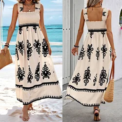 2024 New Women Summer Dress Straps Printed High Waist Sexy Backless Beach Dress Holiday New Robes Fashion Dresses