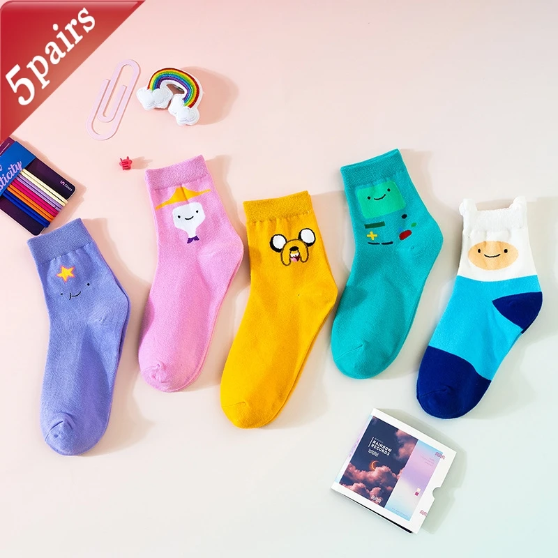 

5 Pairs/Set Cartoon Funny Cute Patterned Women Socks Funny Kawaii Cute Ins Candy Coloured Socks Suit In All Seasons For Daily