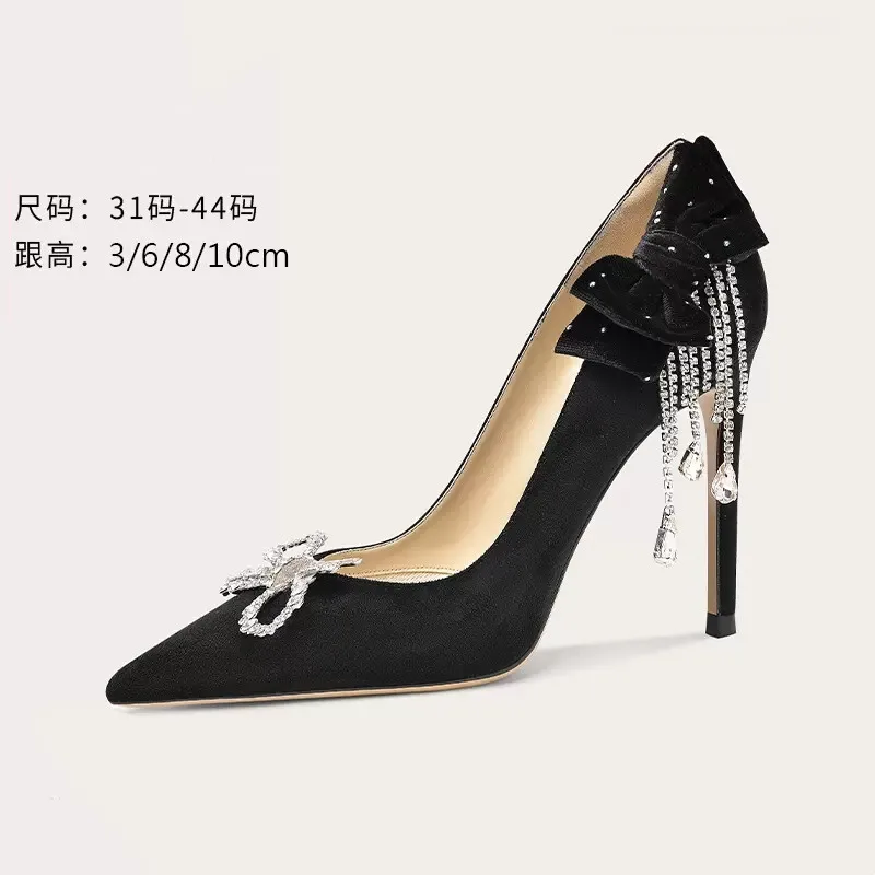 Spring and Summer Suede Pointed Rhinestone Tassel Bowknot Single Shoes Slim High Heels Party Dress Large and Small Women's Shoes