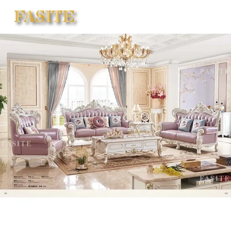 For French Luxury Antique Carved Wooden 1 2 3 Seater Genuine Leather Sofa Cushion Upholstered Living Room Hotel Villa