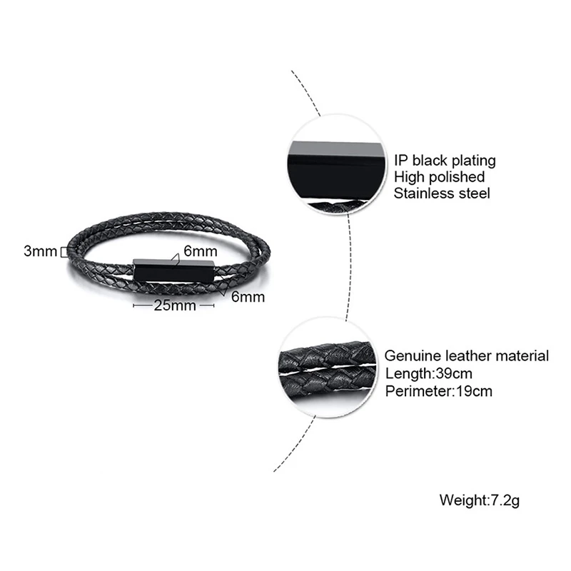 Vnox Casual Personalize Black Genuine Leather Rope Chain Bracelets for Men Women Custom Engrave Make with Charm Clasp Jewelry