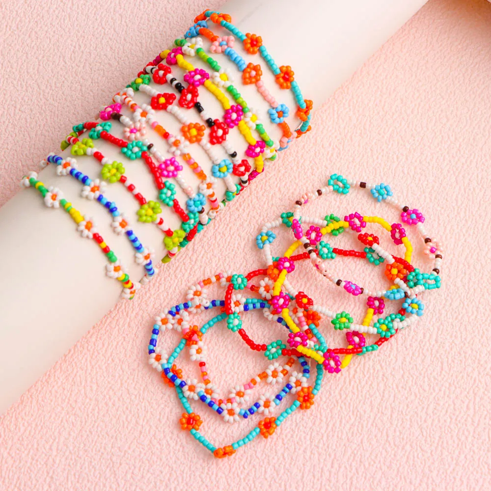 12 قطعة/الوحدة بسيطة زهرة متعدد الألوان مطاطا الدخن الخرز أساور للنساء حسن الحظ حفلة عيد ميلاد مجوهرات هدايا الصداقة #5