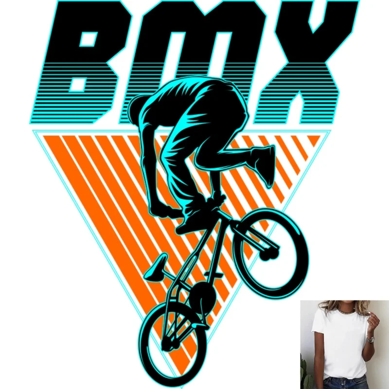 BMX Bicycle Sports Pattern Heat - Transfer White Ink Iron - on, Trendy Street Style, Suitable for T - shirts, Canvas Bags,