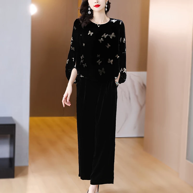 2023 Autumn and Winter New Black Silk Butterfly Print Long Sleeve Top Two Piece Set for Women\'s O-Neck Loose Large Pants Set