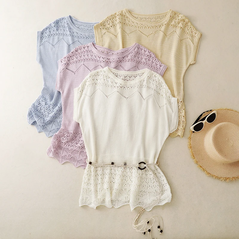 

Loose Fashionable Belted Simple Knitted Top for plus Size Women Artistic Summer Outdoor Style Short Sleeve Regular Length