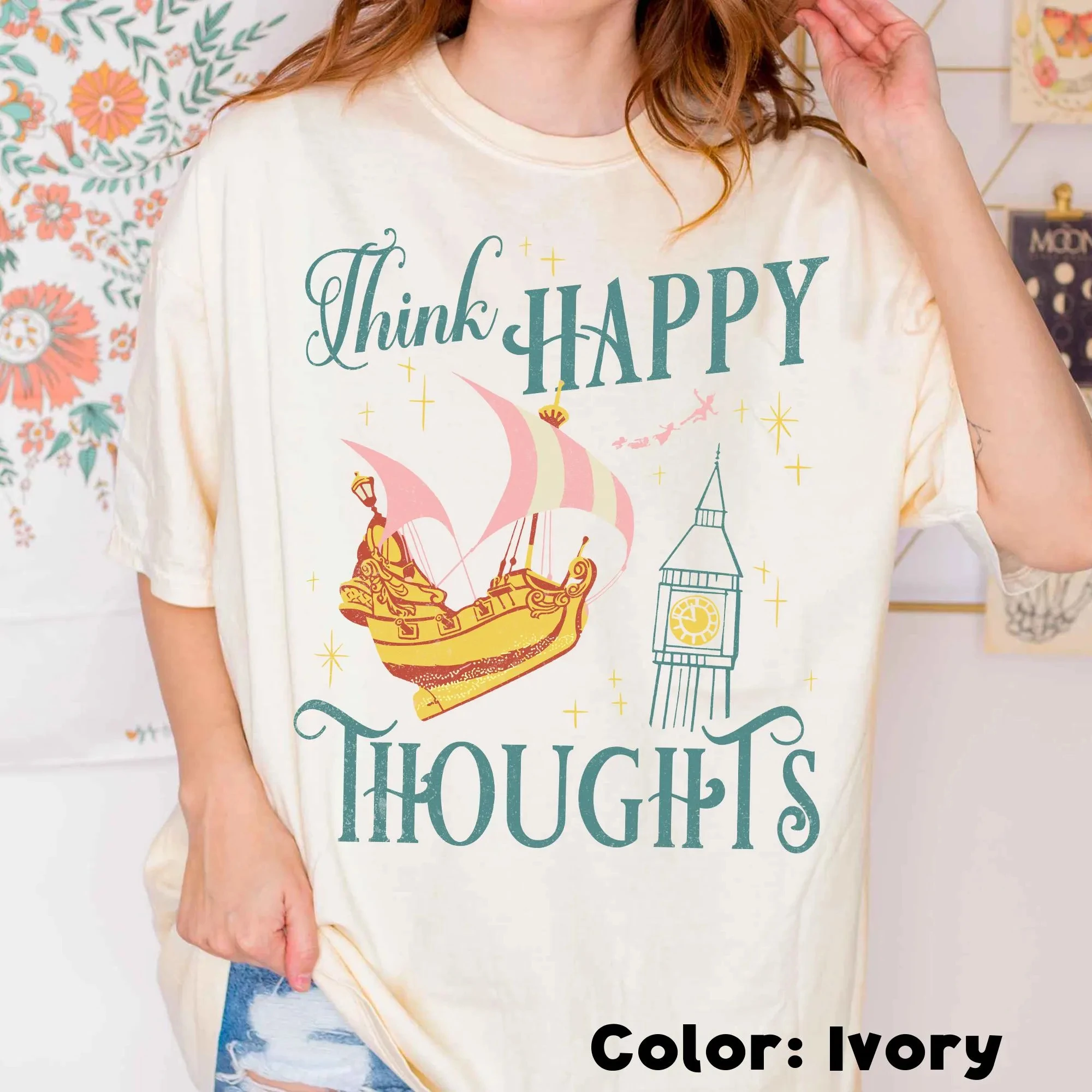 

Peter Pan "Happy Thinking" T-shirt, Retro Disney Peter Pan T-shirt, Tinker Bell Fairy T-shirt, Neverland T-shirt, Disney Travel
