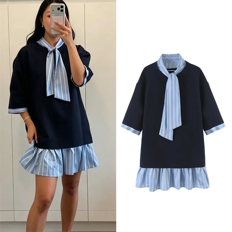 Guobioziy Women's  Dress 2026 Early Autumn New Fashion Tie-Waist Three-Quarter Sleeve Bow Patchwork Loose Pleated Dress