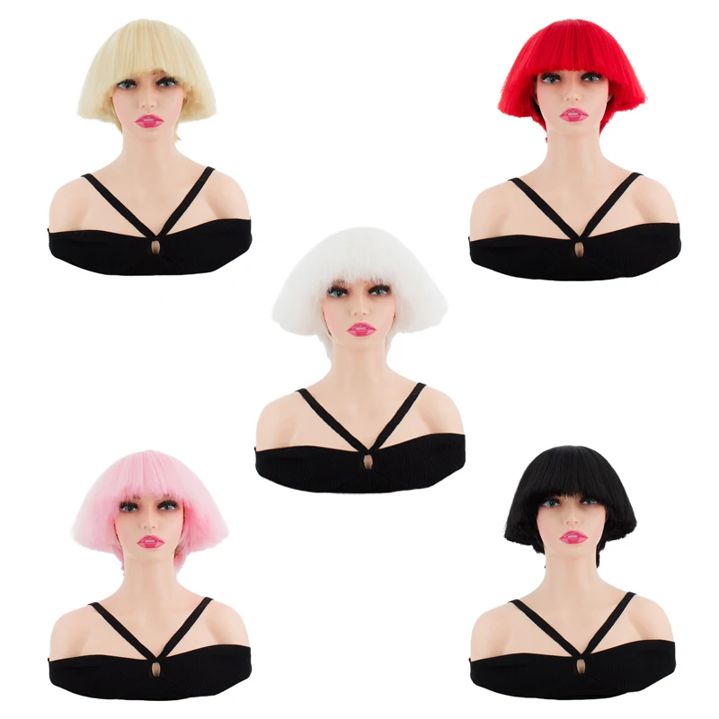 

Короткий парик-грибок из синтетических прямых волос (красный/золотой/белый/розовый) для ночных клубов, вечеринок, сценических выступлений, парик-каре