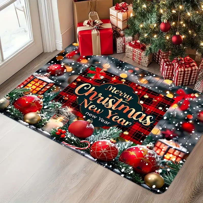 VIKAMA Merry Christmas New Year Snow Globe Floor Mat Stain Resistant Entry Rug Non Slip Outdoor Indoor Mats Christmas Entry Low