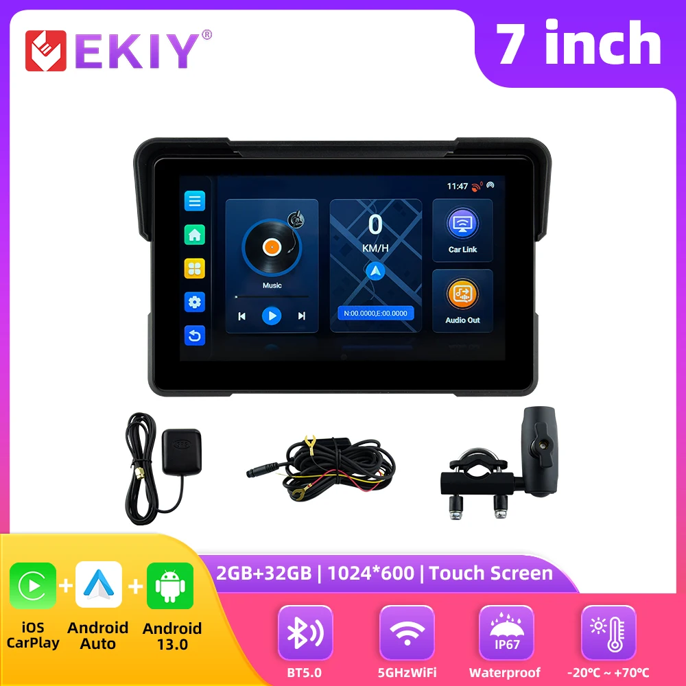 

EKIY Android 13.0 7-дюймовый GPS-навигатор для мотоциклов с CarPlay, Wi-Fi, беспроводным CarPlay, 2 ГБ+32 ГБ, беспроводной Android Auto, 4-ядерный процессор A53