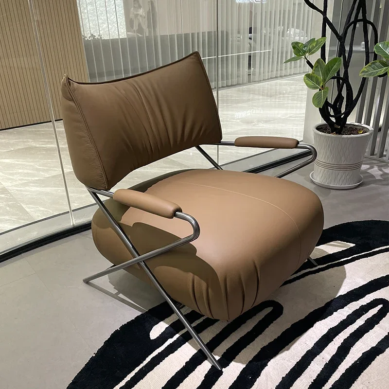 

Italian minimalist all-leather leisure chair designer creative stainless steel single sofa office reception chair