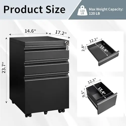 Filing Cabinets for Home Office, Mobile File Cabinet with Lock, 3 Drawer Filing Cabinet for A4/Letter/Legal Size