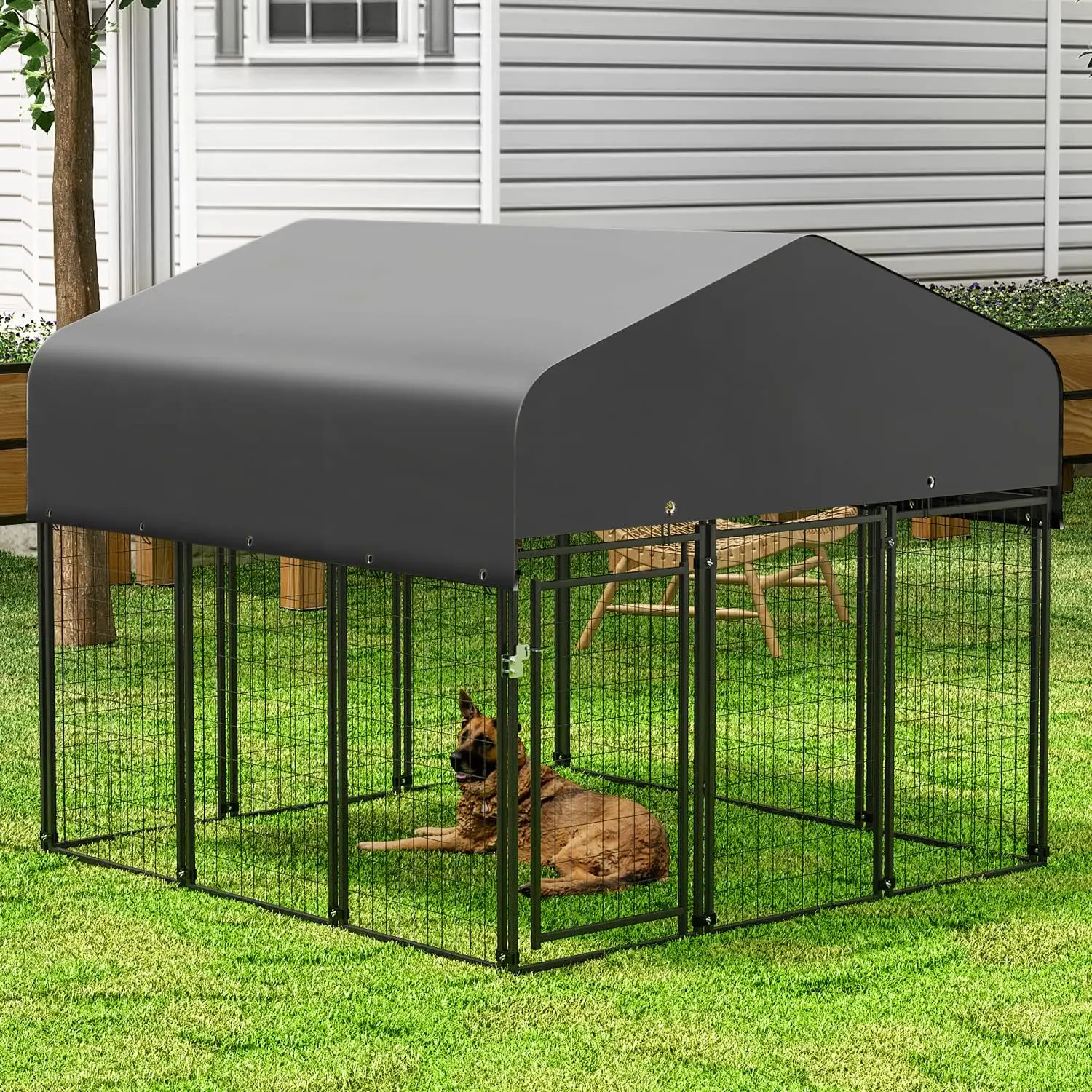 Magshion Extra-Large Dog Kennel with Waterproof Cover Outdoor Heavy Duty Galvanized Metal Animal Pet Enclosure with Lockable