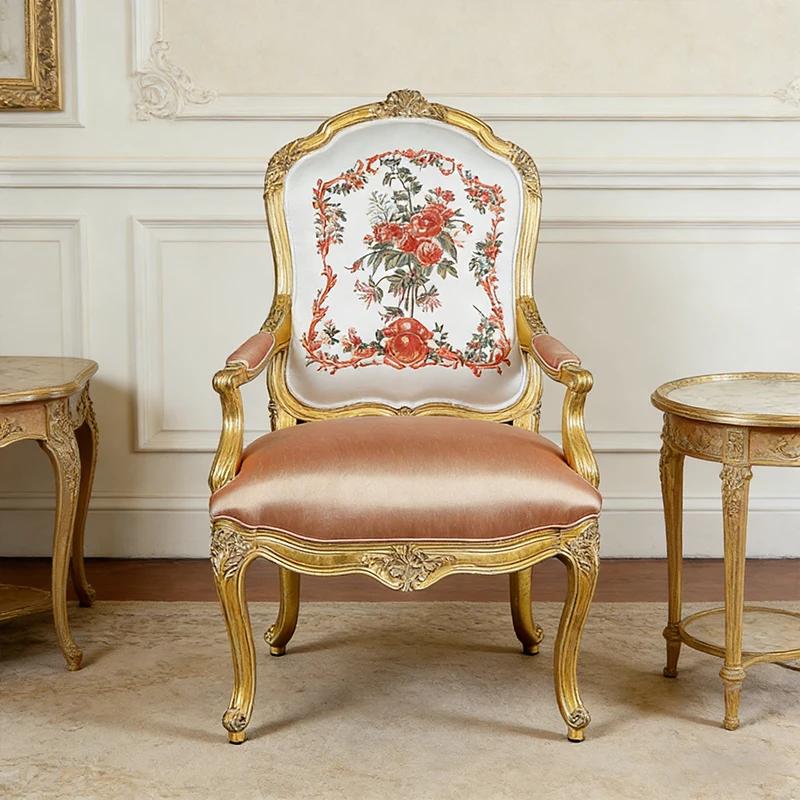 !@Luxury Carving Solid Wood Armrest Lounge Chair French Style Patterned Living Room Vintage Accent Chair