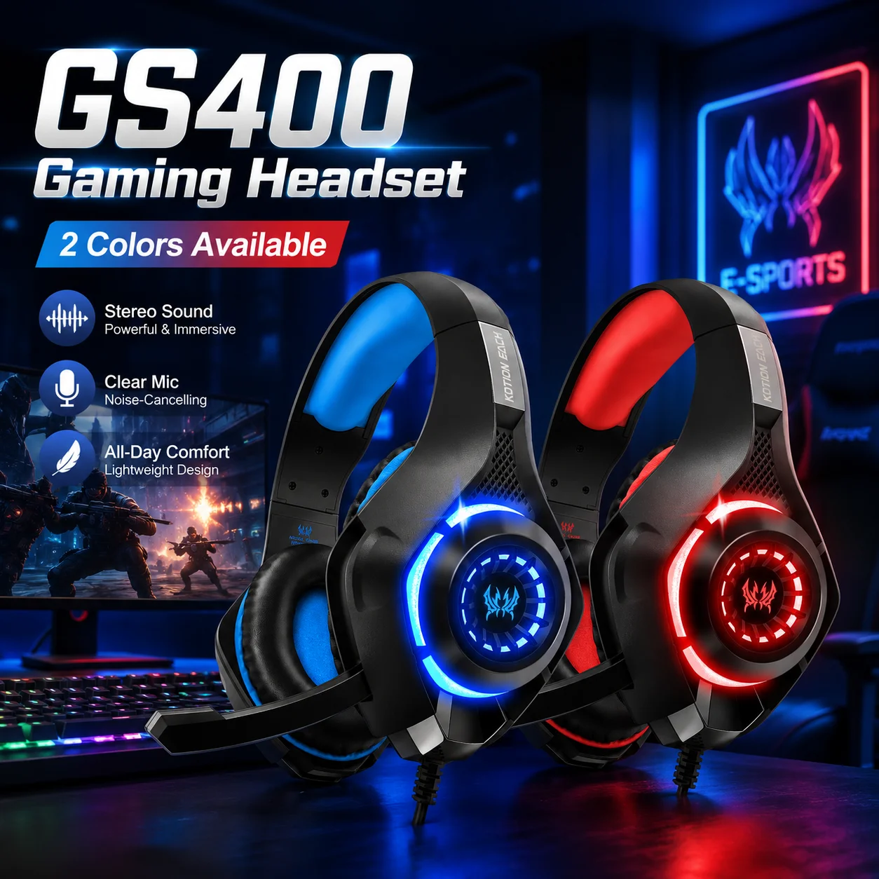 GS400 Wired Gaming Headset with Microphone LED Over Ear Gamer Headphones for PC PS4 PS5 Xbox Switch Laptop Mobile