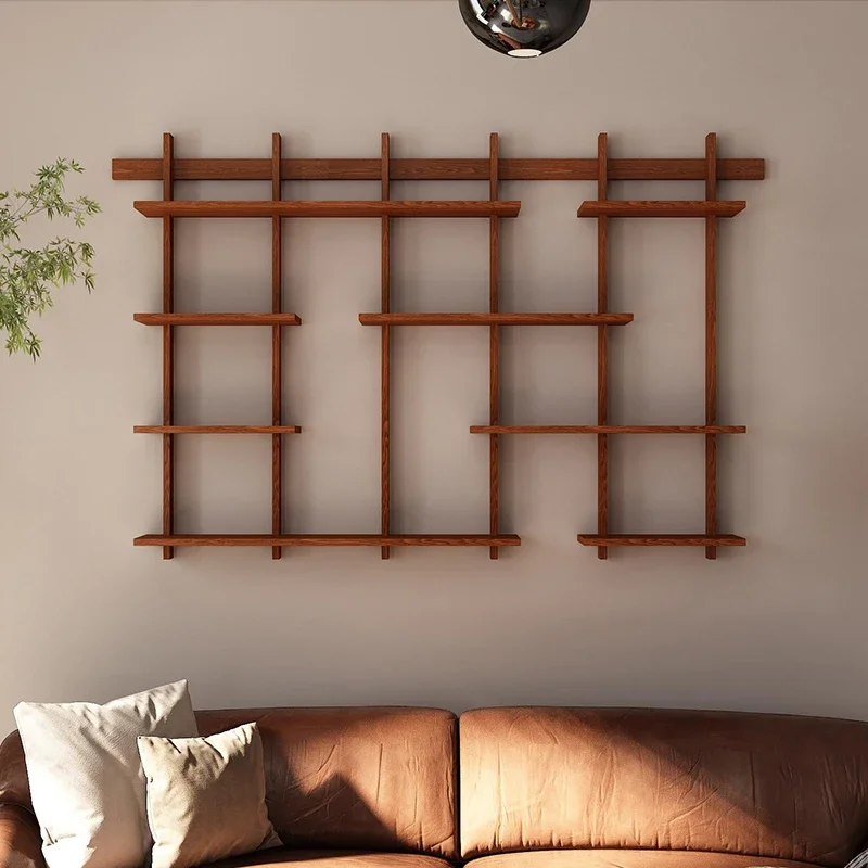 Medieval style living room wall-mounted display rack wall-mounted solid wood tenon and mortise small apartment storage