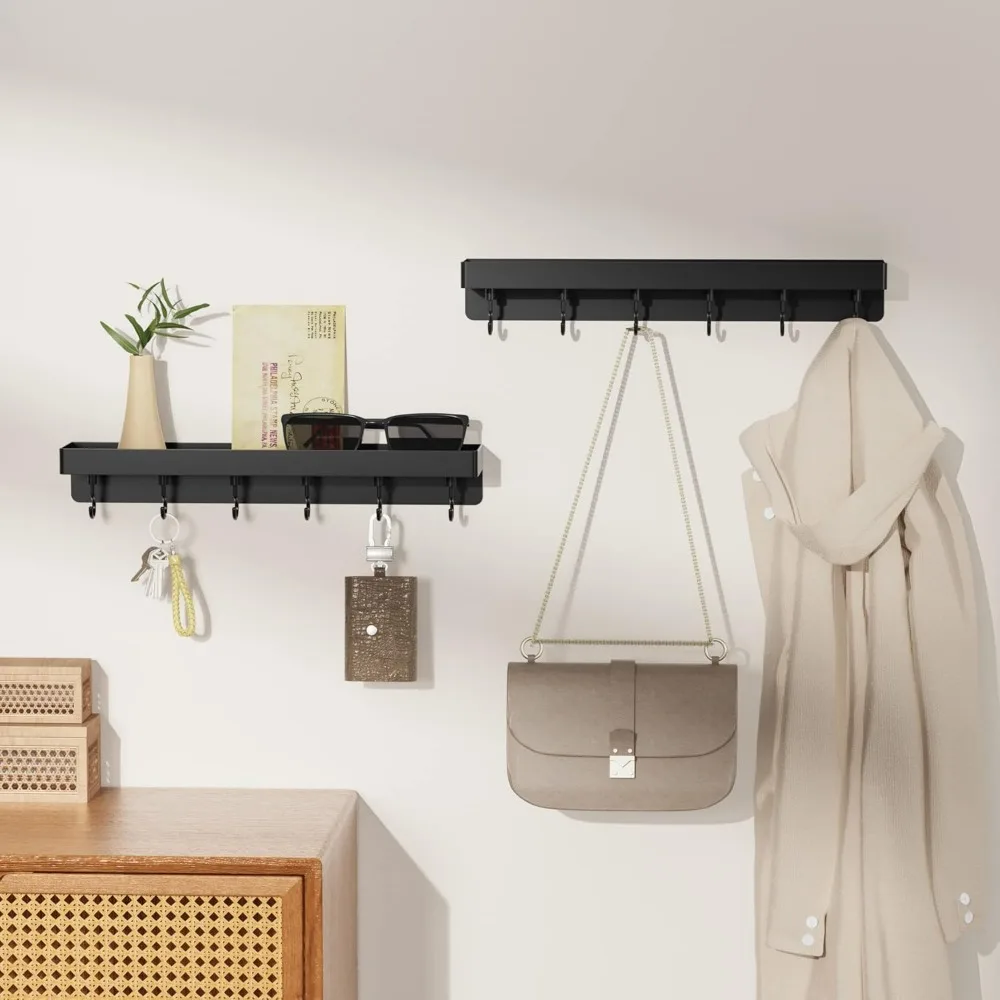 Black Key Holder Wall Mount, Stainless Steel Self Adhesive Hooks Rack with Shelf, No Drill Key Hanger for Door and Wall