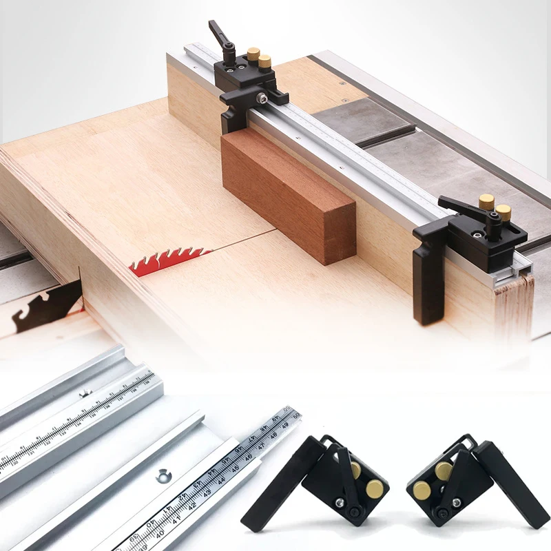 Imagem -01 - Track Stop Block Stopper Calha de Liga de Alumínio com Escala Bancada Faça Você Mesmo Rip Fence Tabela Circular Saw Pusher 45 tipo t track stop block stopper calha de liga de aluminio com escala bancada faca voce mesmo rip fence tabela circular saw pusher 45 tipo t 01