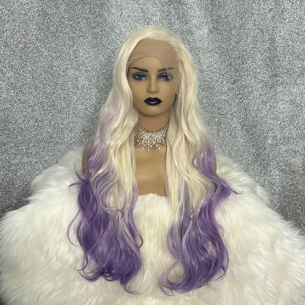 Ombre Purple Blonde Colored Synthetic  13x3.5 Transparent Lace Front Wig Loose Wave 28 Inch Drag Queen Cosplay Wigs For Women