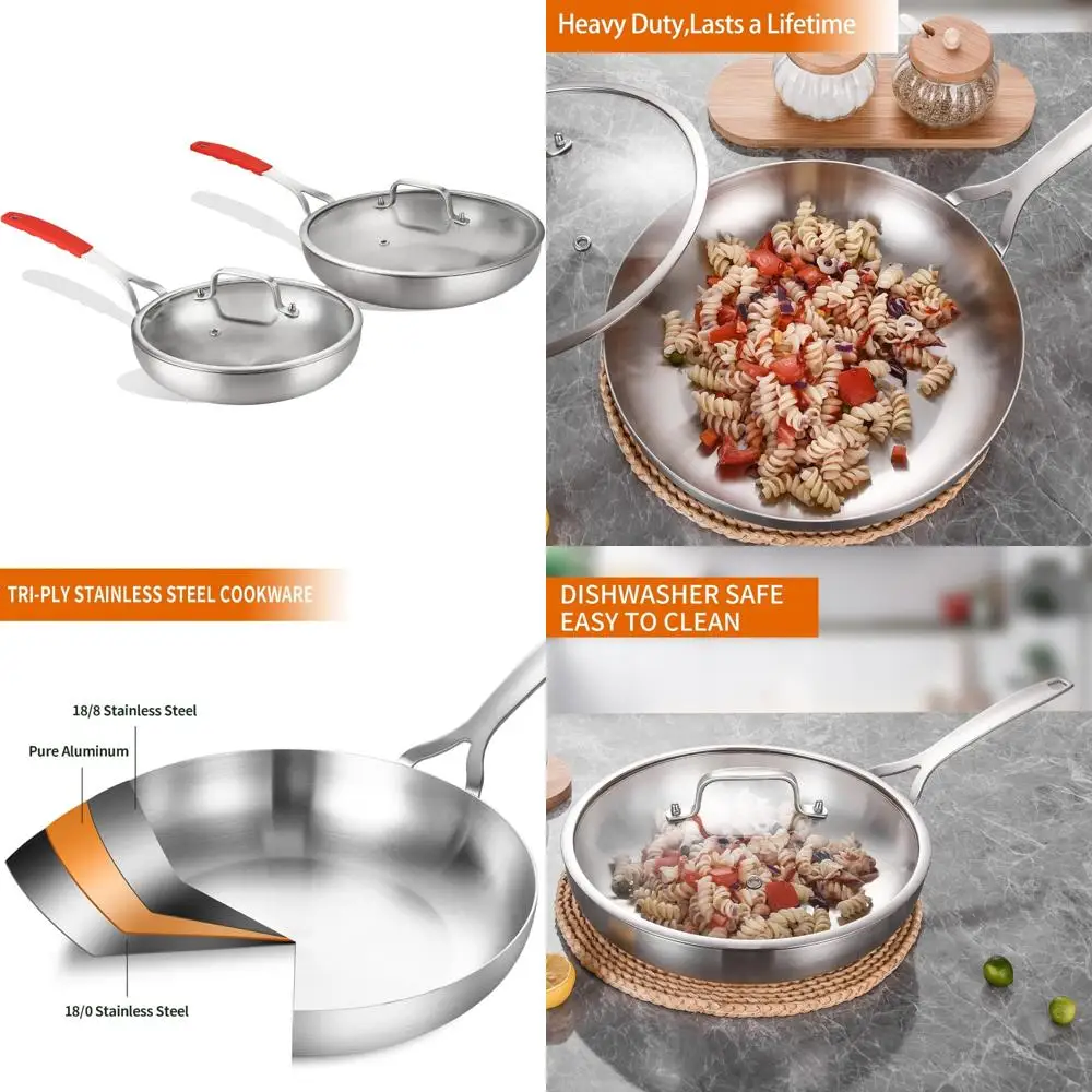 

Набор сковородок из нержавеющей стали с крышкой — 8 и 12-дюймовые сковороды, большая индукционная сковорода шеф-повара, кастрюли и сковороды, набор кухонной посуды