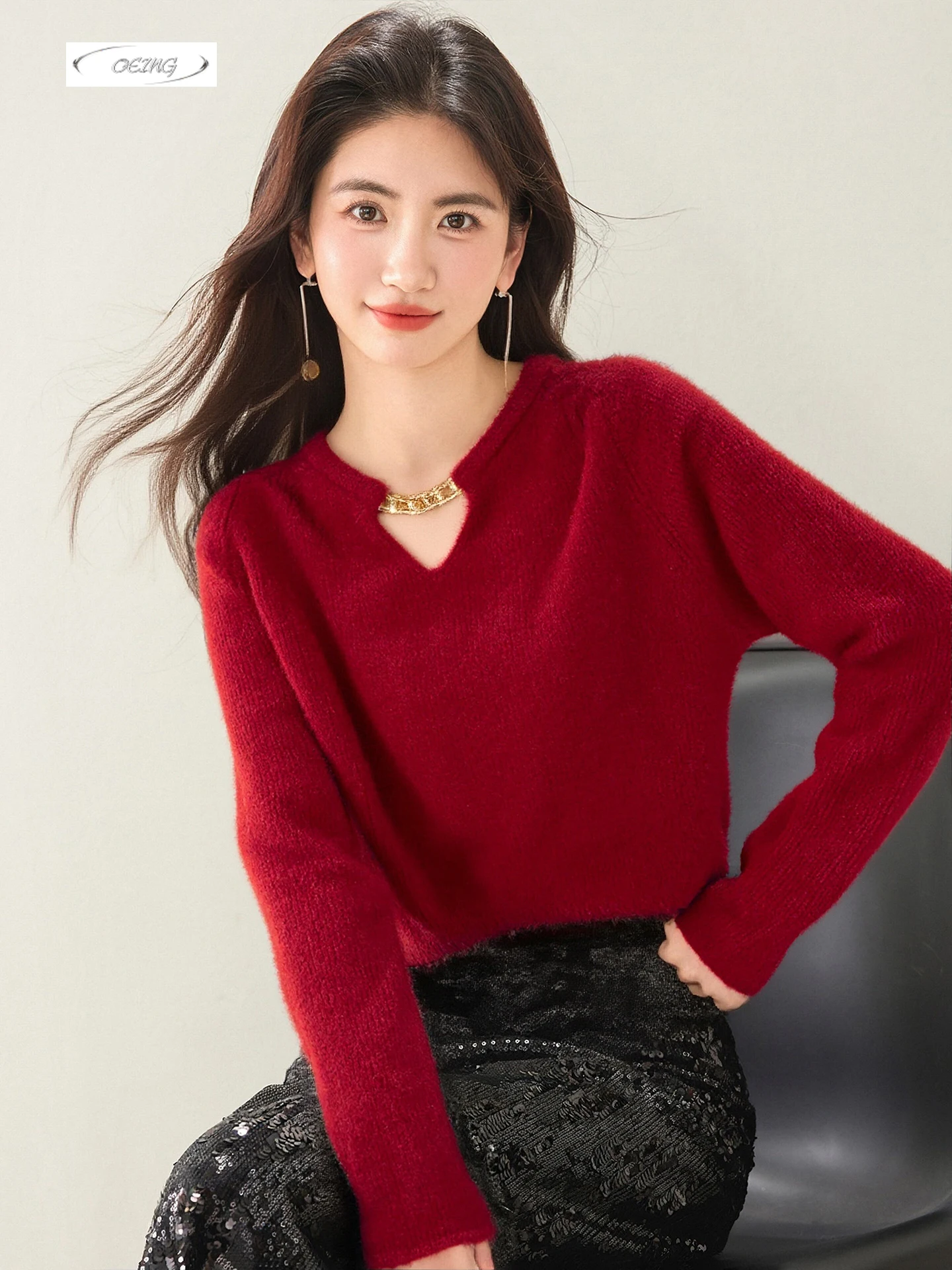

Red Hollow Out Long Sleeve Sweater for Women Autumn Winter Elegant French Style Basic Knitted Pullover Top Knitwear Clothes 3419