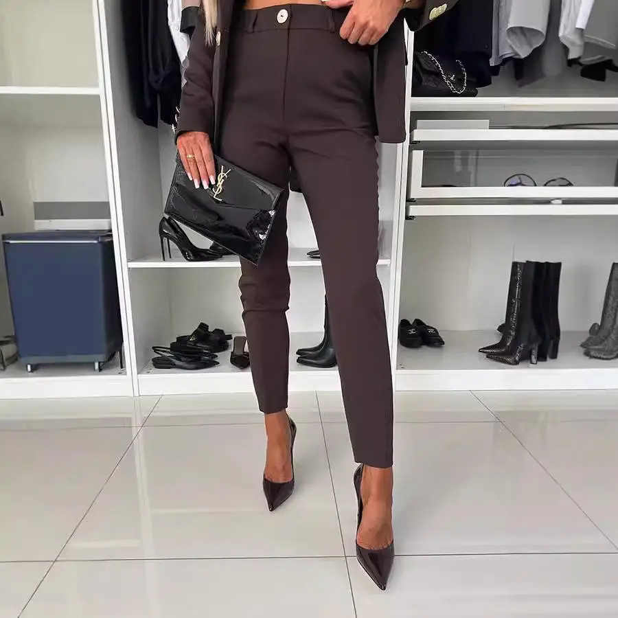 

Fashionable Pure Color Casual Suit Pants with Pockets Versatile Women's Autumn Fashion Polyester mid Waist Trousers
