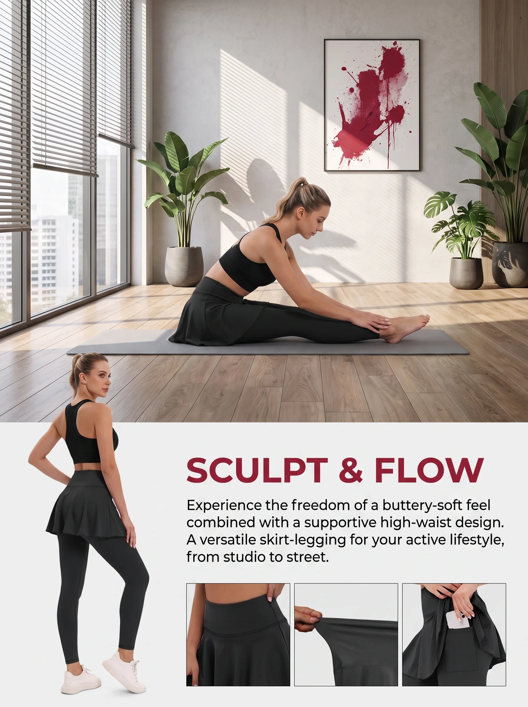 Hochgeschnittener Plissierter Tennis-, Pickleball-, Yoga- und Workout-Rock mit Beinlingen für Damen mit Taschen – Detail 4
