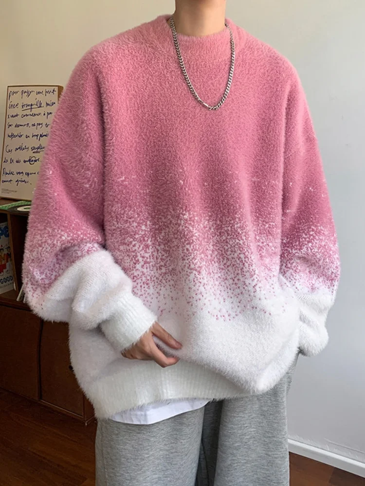 

Мужской свитер свободного кроя с круглым вырезом, осенне-зимний, в американском ретро-стиле, с градиентным цветом, для подростков, базовый, повседневный, из льна