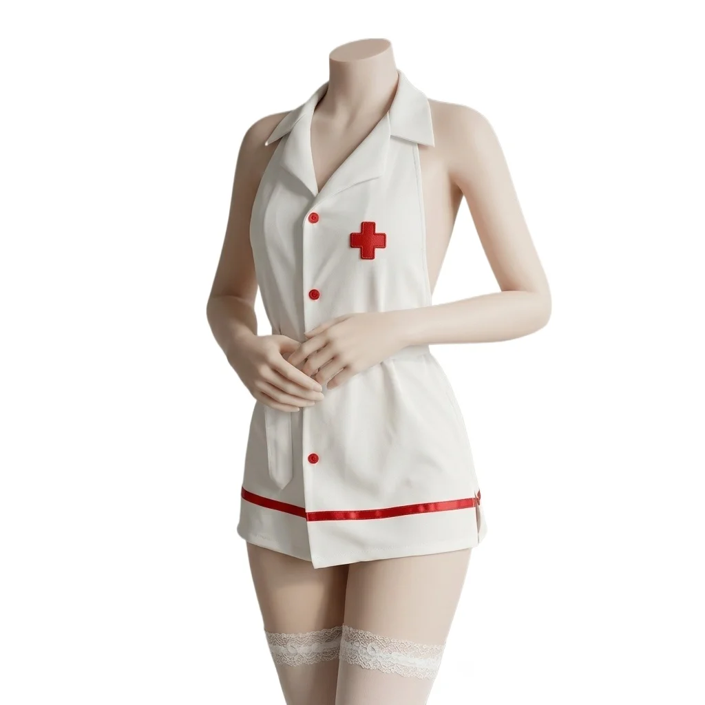 Large Size Women Nurse Lingerie Uniform Backless Halter Neck Hollow Butt Dress Roleplay Naughty Maid Babydolls