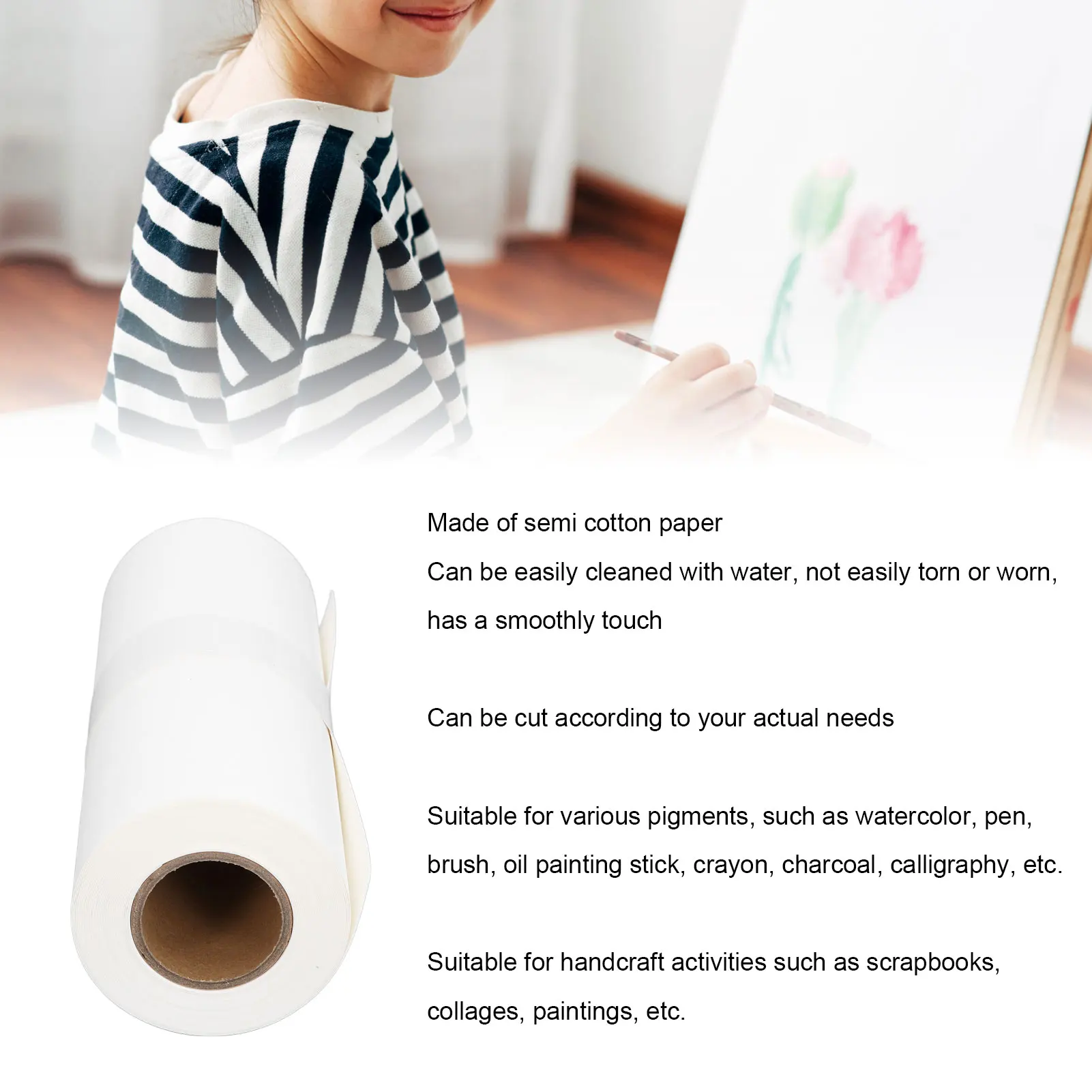 Watercolor Paper Roll 10m Length White Semi Cotton Washable Tear Resistant Art Paper For Painting Drawing Scrapbooking