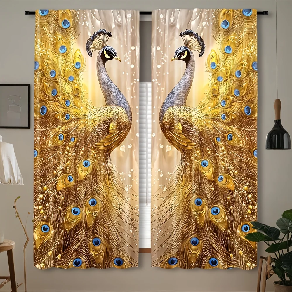 Royal Gold Peacock Curtains Pair Elegant Baroque Luxury Window Drapes for Living Room Home Decor
