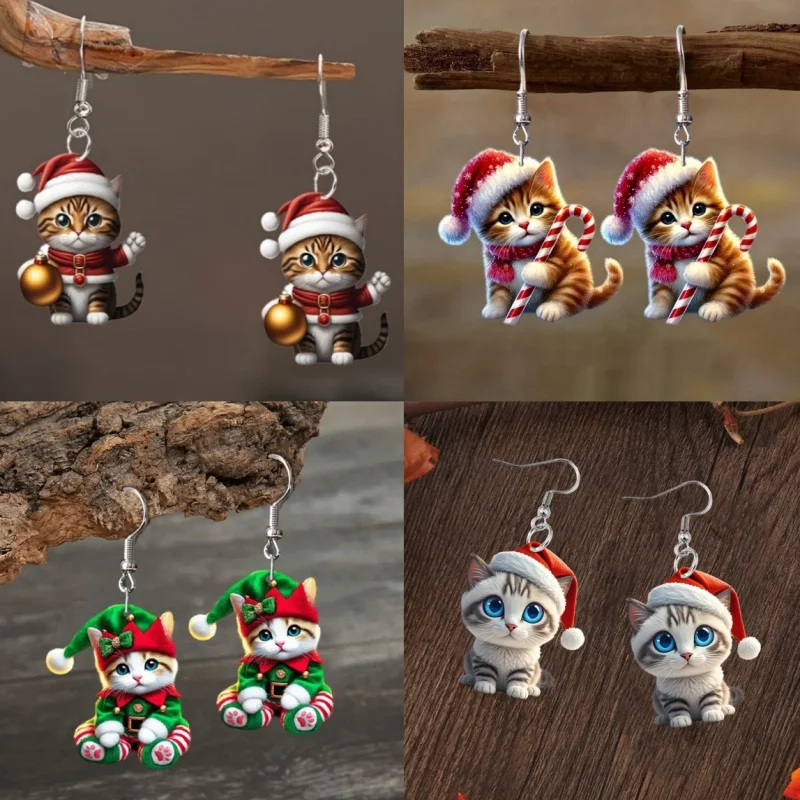 2D acrylic kitten earrings wearing a Christmas hat, especially suitable for Christmas and the perfect gift for cat lovers
