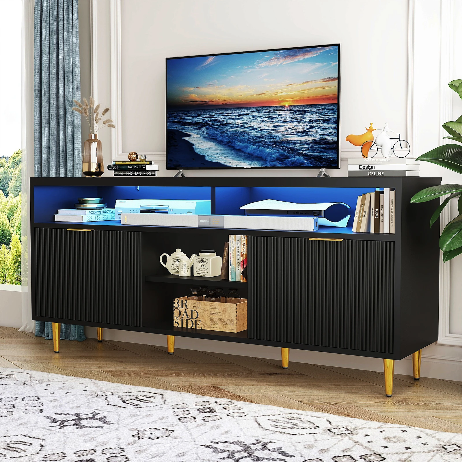 LED TV Stand for 55 60 70 inch TV, Modern TV Cabinet with Storage Cabinets, Entertainment Center Media Console for Living Room