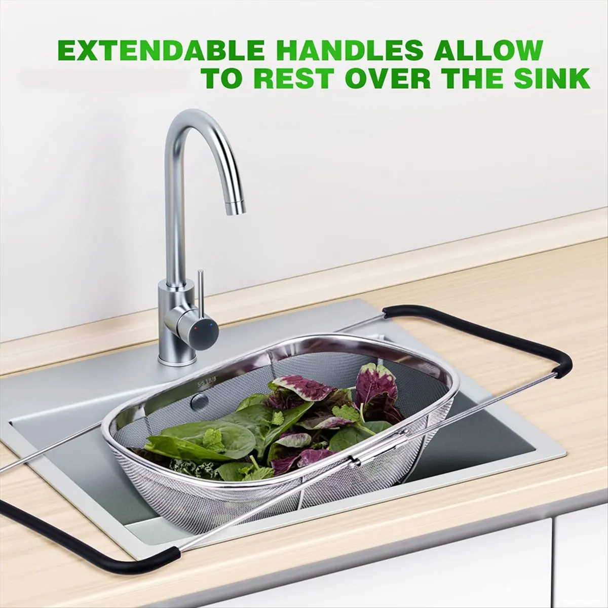 AA14 Large Sink Colander Stainless Steel Fine Mesh Colander Basket with Telescopic Rubber Handle Telescopic Rice Drain Basket