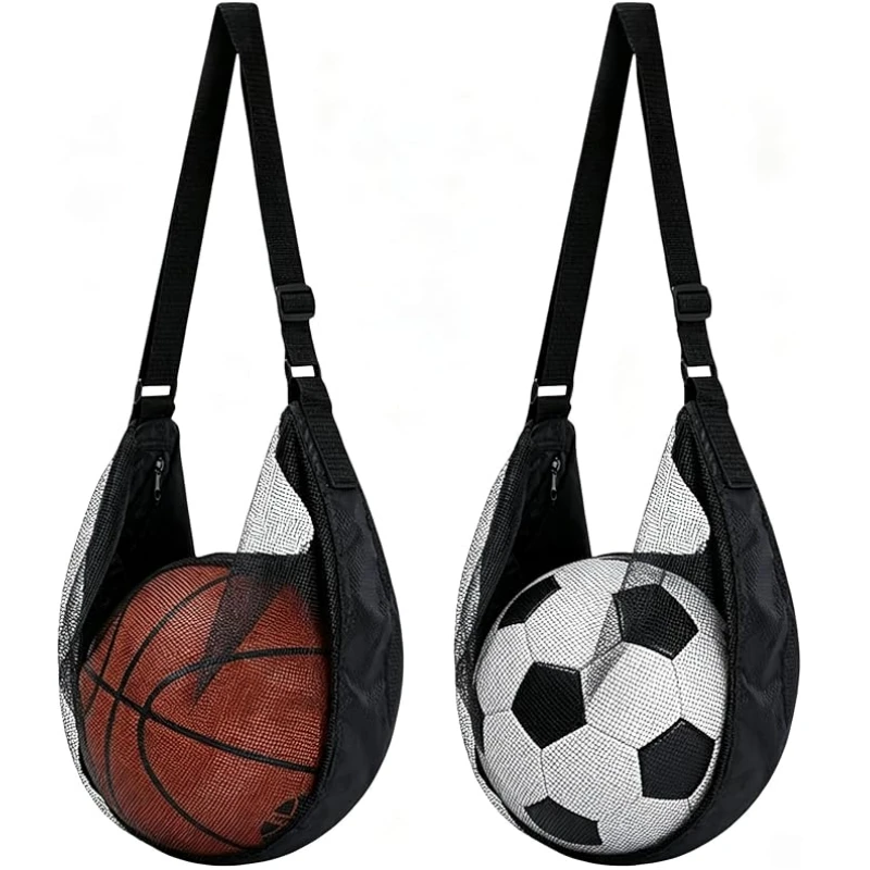 Reißfeste Netz-Balltasche für Einzelbälle, passend für Basketball, Fußball, Volleyball, Umhängetasche mit verstellbarem Riemen und Reißverschlussfach – Detail 3