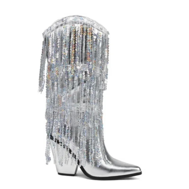 2023 Silver Sequin Chelsea Boots 35-43 Pointed 10cm/7cm Slope Heel Tassel Boots Internet Celebrity Estate Holiday Autumn Boots