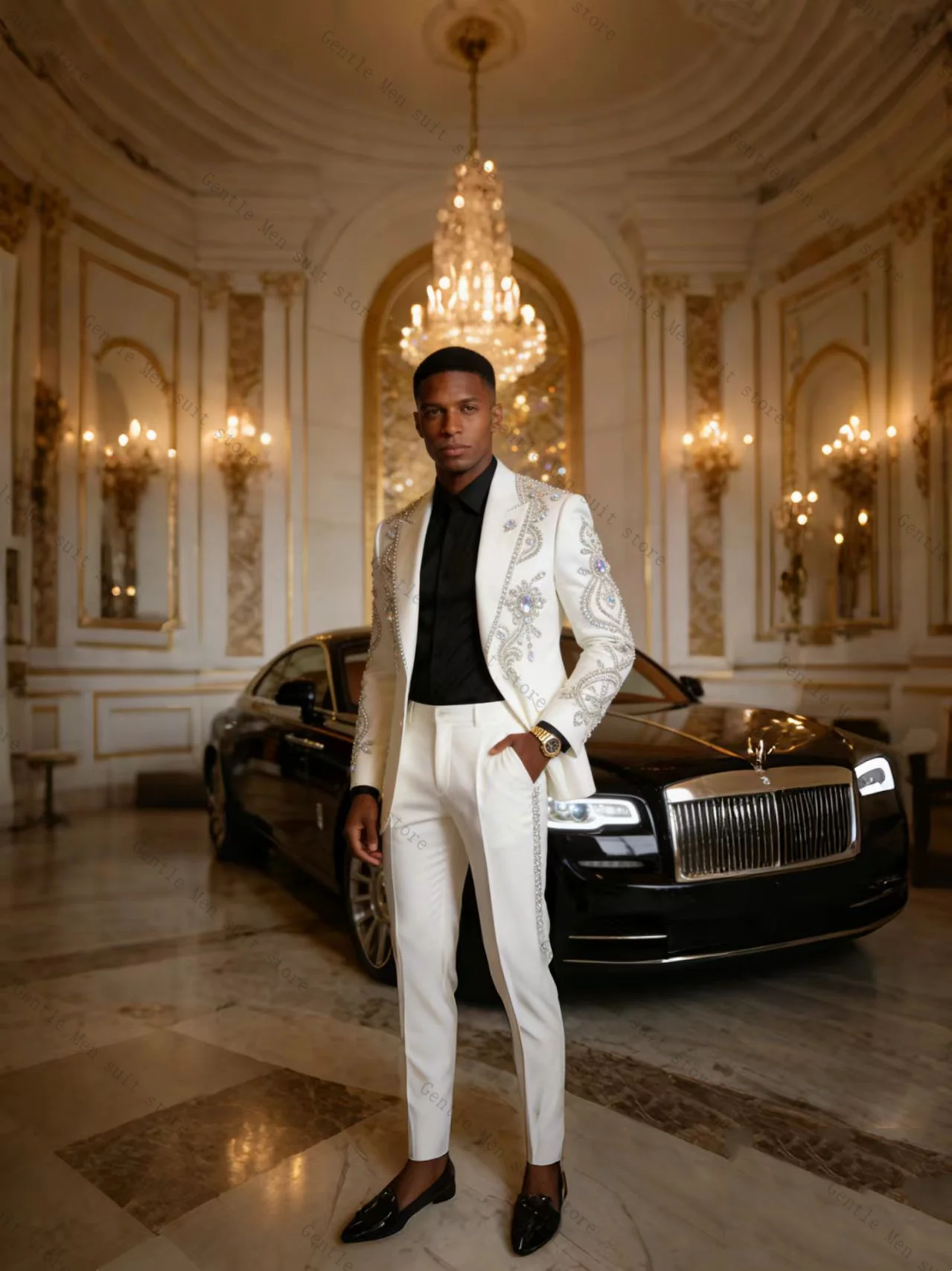 

White Crystals Men Suit Set 2 Piece Blazer+Pants Trousers Cotton Wedding Tuxedos Formal Office Prom Jacket Coat Customized