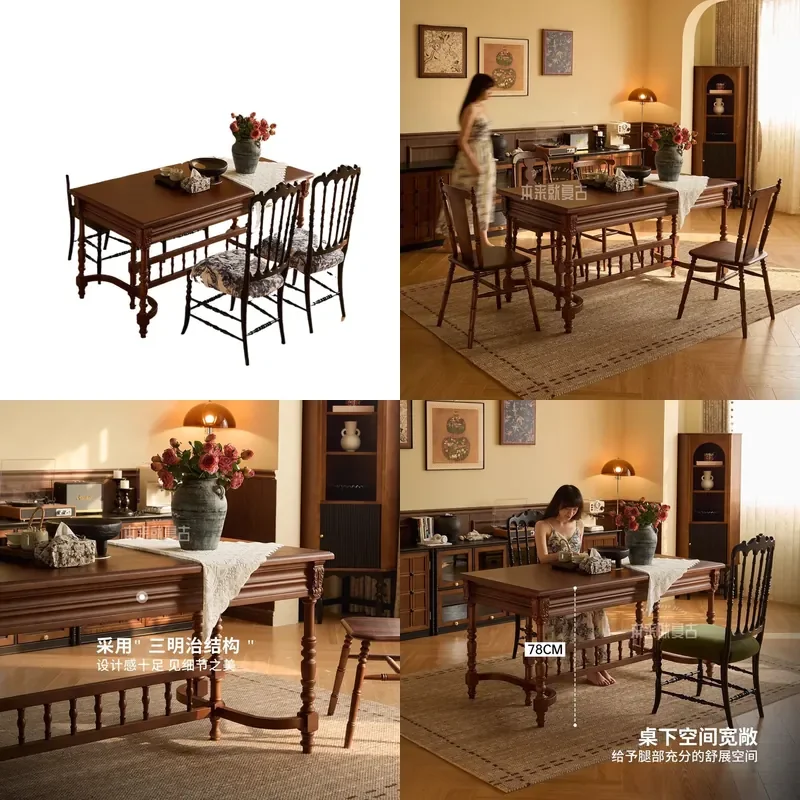 for Originally Retro Knight Dining Table French Retro Solid Wood Carved Flower American Home Rectangular Dining Table and