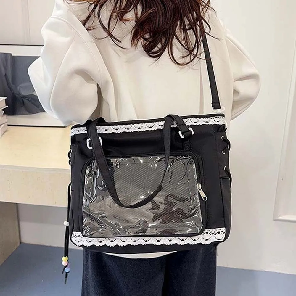 Lace Decoration Shoulder Ita Bag PU Leather Large Capacity Goth Transparent Handbag Waterproof Japanese Style