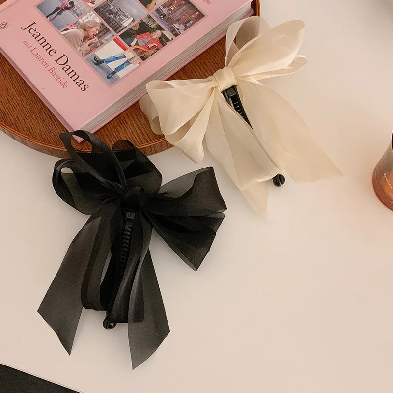 Ribbon Bow Banana Clip Elegant Women Hair Pins Trendy Vertical Clip Barrette Black Beige Big Bowknot Hair Claws Hair Accessories