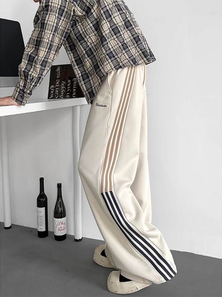 

Мужские спортивные брюки Heavyweight для весны и осени, в полоску, американского стиля, прямого кроя, повседневные, свободные, для отдыха