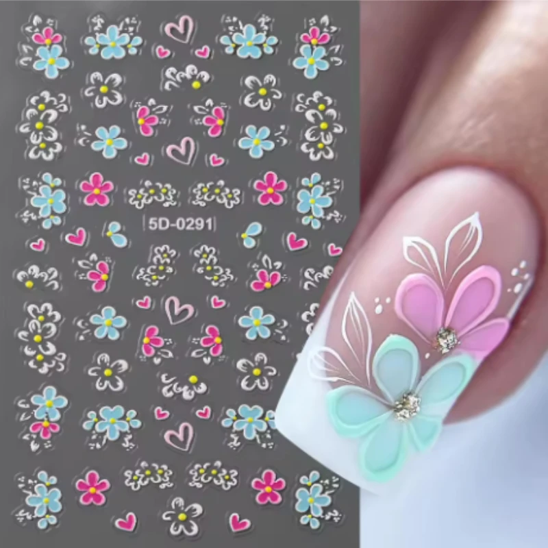 

1pcs 5D Embossed Nail Art Sticker Springtime Multicolored Wildflowers 3D Embossed Adhesive Nail Decal Spring Nail Art Sticker