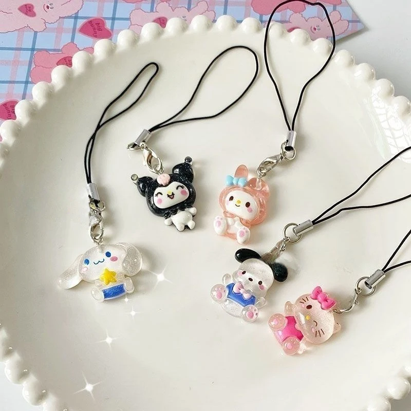 Sanrio Anime My Melody Resin Keychain Cartoon Kuromi Transparent Shiny Keyring Cute Phone Lanyard Sweet Bag Pendant Decorations