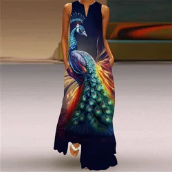 Elegant Peacocks Print Vintage Dress for Women Female Women's Sleeveless Long Dress Vestido Summer Spring Ladies Dresses Clothes