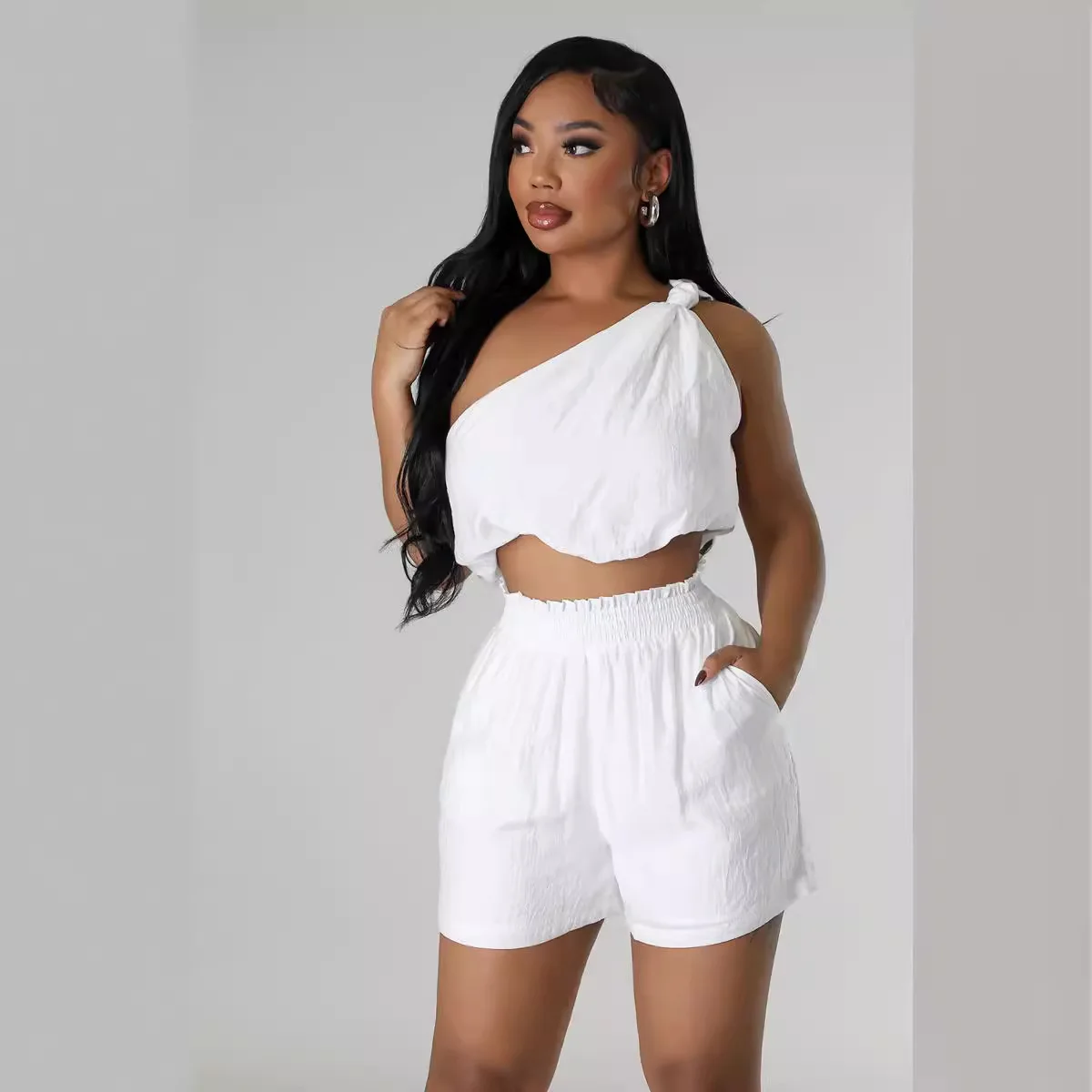 

Two Piece Short Pant Suit Women Matching Set Y2k Skew Collar Sleeveless Top High Waist Zipper Pant Elegant Office Lady Summer