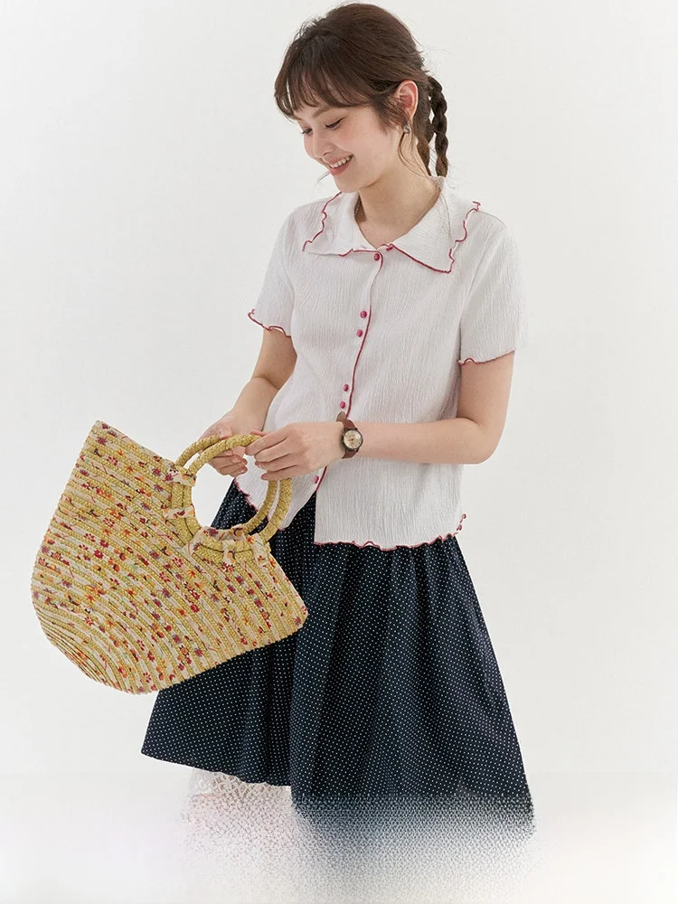 AMUU Original Texture Contrast Color Lace Collar Short Sleeve T-Shirt Women Summer New Sweet Style Loose Fit Daily Wear